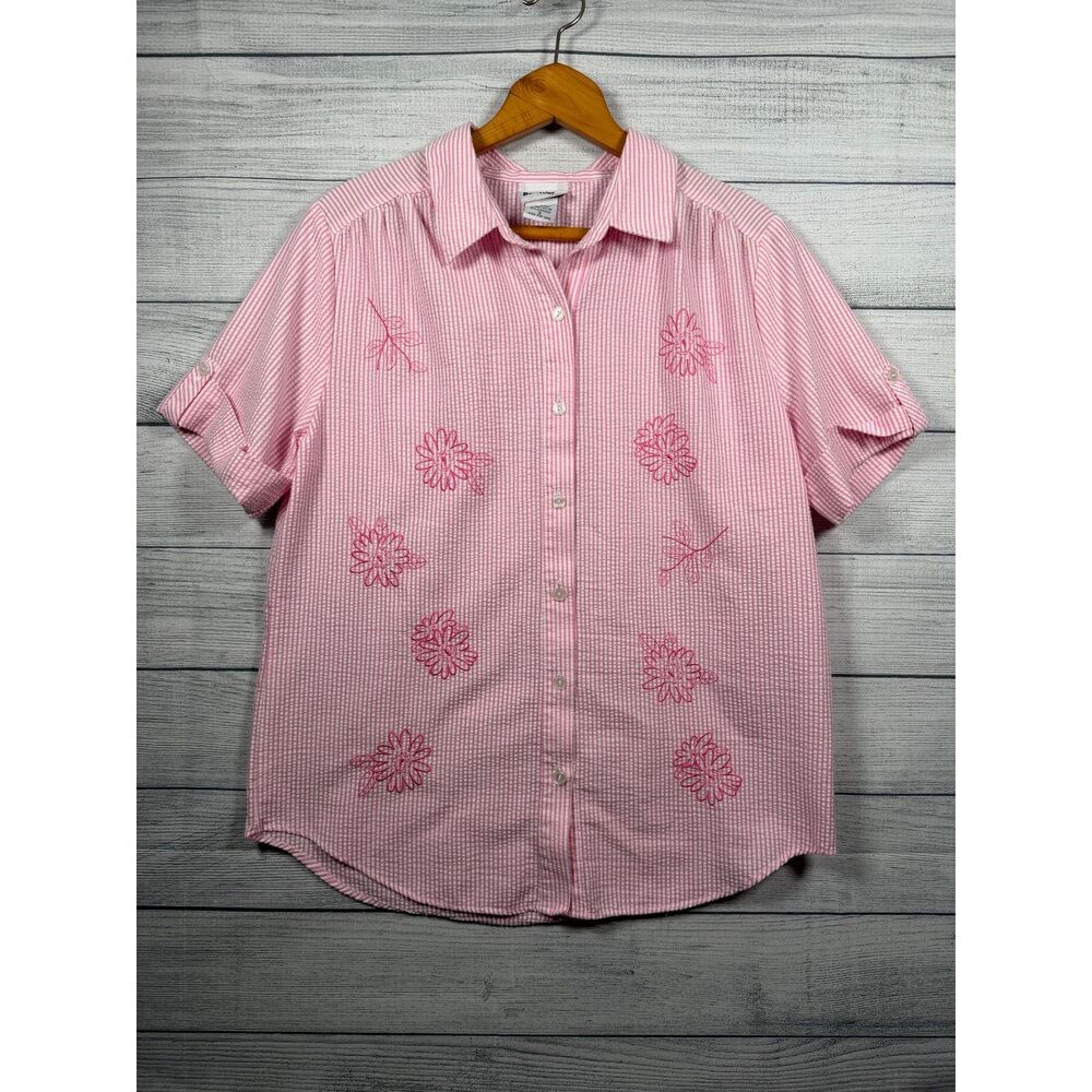 BonWorth Women's S Pink White Stripe Floral Embroidered Button Up Shirt 4390